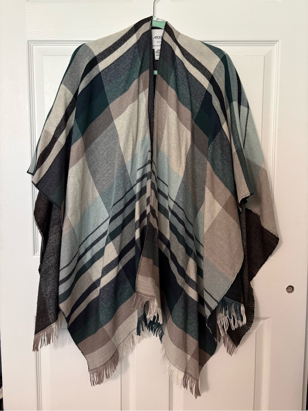 Ardene Teal, Cream and Gray Plaid Fringe Poncho